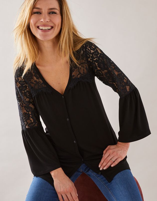 Tee-shirt boutonné manches 3/4 dentelle (noir)