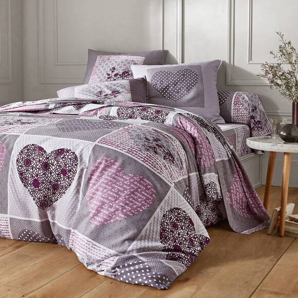 Linge de lit Lovely en coton imprim&eacute; coeurs (gris / parme)