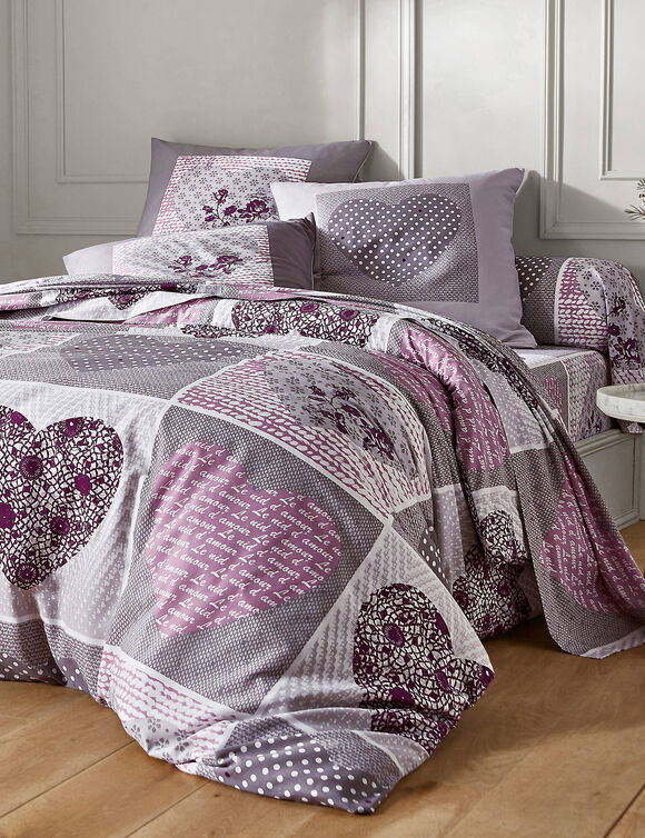Linge de lit Lovely en coton imprim&eacute; coeurs (gris / parme)