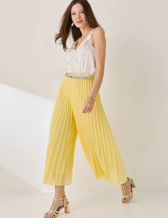 Pantacourt taille &eacute;lastiqu&eacute;e, voile pliss&eacute; (vanille)