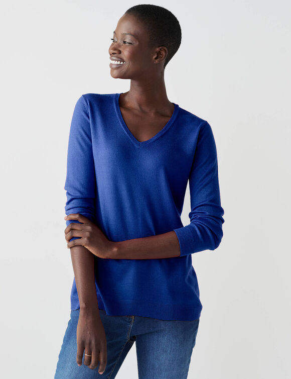 Pull col V, toucher doux (bleu dur)