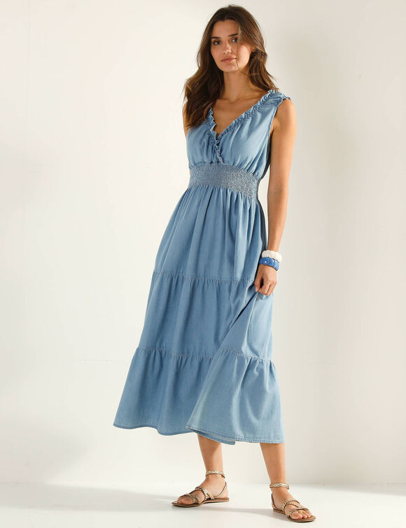 Robe longue volant&eacute;e, denim l&eacute;ger (blauw)