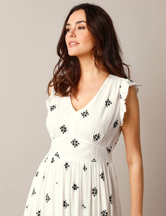 Robe longue imprim&eacute;e, cr&eacute;pon (&eacute;cru / noir)