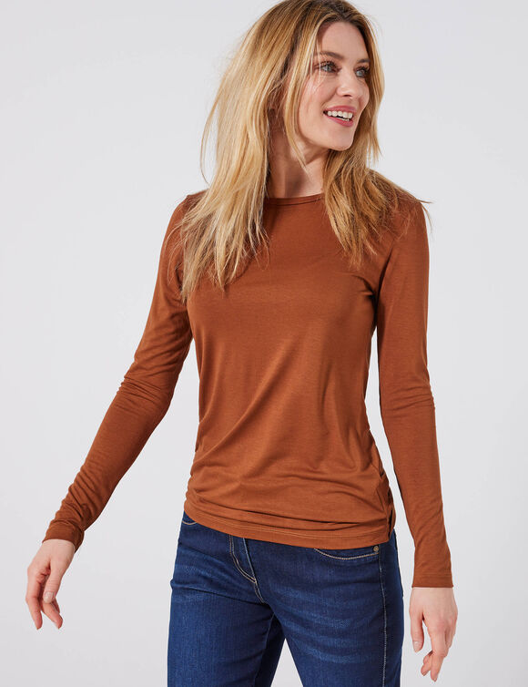 T-shirt uni col rond stretch (caramel)