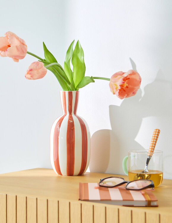 Vase gr&egrave;s ray&eacute; blanc terracotta  (blanc/terracotta)