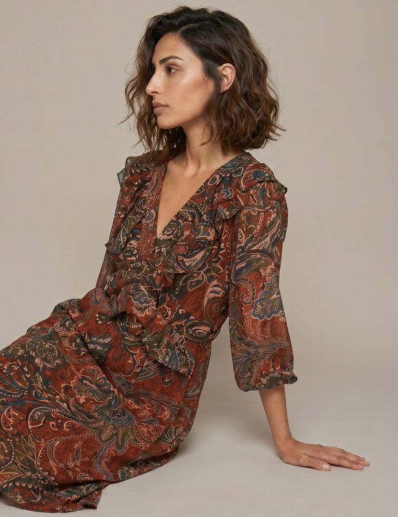 Robe courte manches 3/4, col V volant&eacute;, voile imprim&eacute; fleurs indiennes (chocolat / vert)