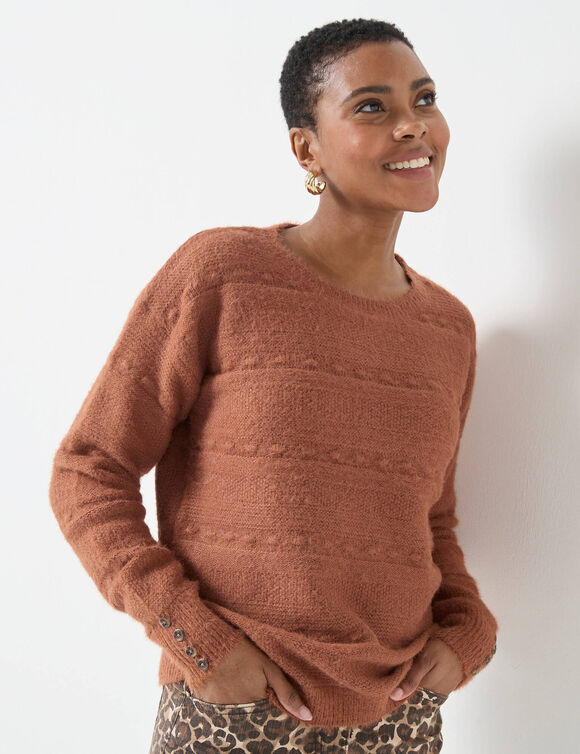Pull col rond, maille poilue fantaisie (caramel)