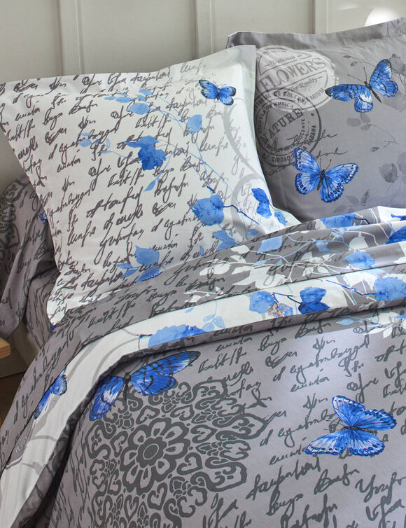 Linge de lit Célestine en coton imprimé fleurs et papillons (bleu / gris)