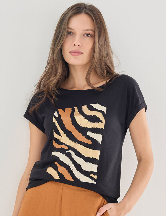 T-shirt manches courtes, imprim&eacute; (noir / caramel)