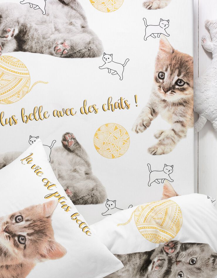 Bedlinnen voor kinderen Milie - katoen met kattenprint (wit)