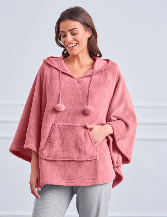 Poncho à capuche, maille polaire toucher peluche (rose poudré)