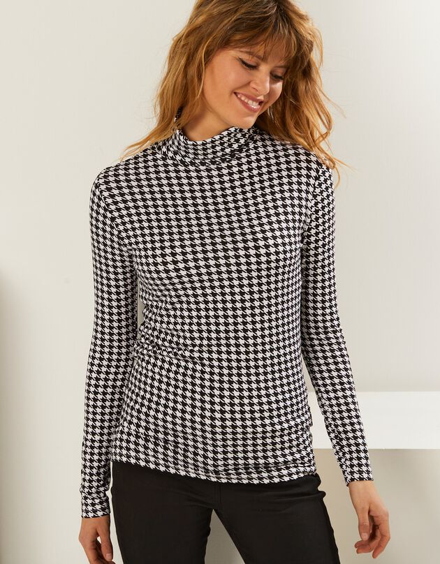 Sous-pull col montant imprimé pied-de-poule, stretch (noir / blanc)