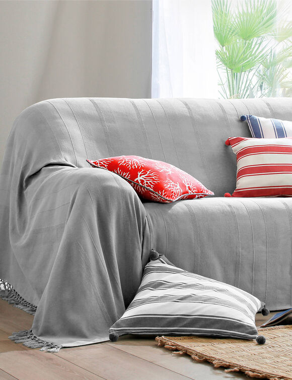 Plaid of sprei, effen katoen met artisanaal weefsel (parelgrijs)