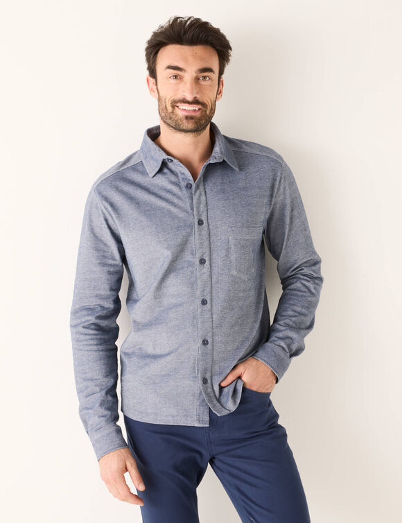 Chemise maille piquée manches longues (bleu mouliné)