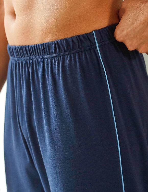 Pantalon pyjama uni coton piping contrasté (marine)