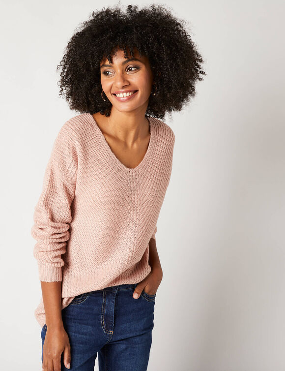 Pull col V, maille anglaise toucher doux (rose poudré)