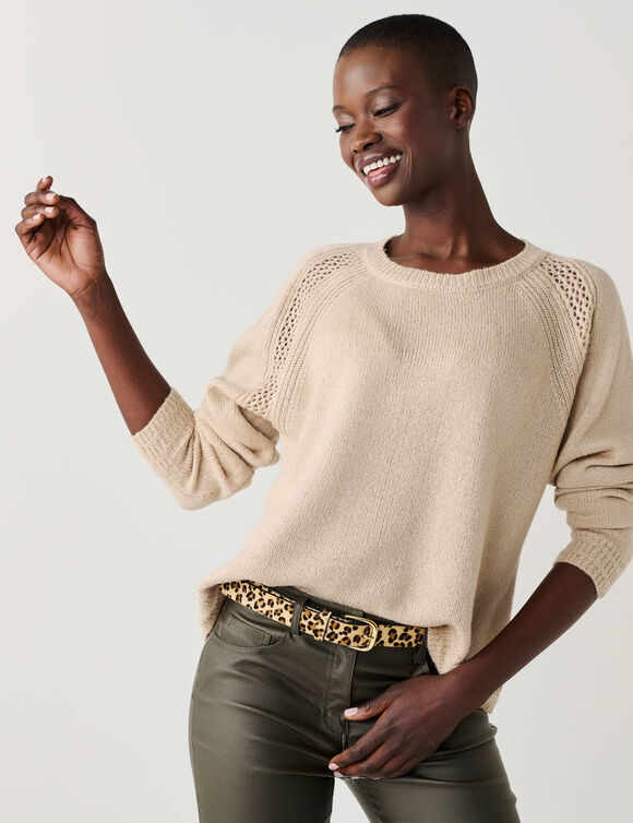 Pull col rond, maille fantaisie toucher doux (naturel)