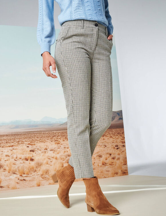 Pantalon cigarette 7/8&egrave;me, imprim&eacute; pied-de-poule (beige / chocolat)