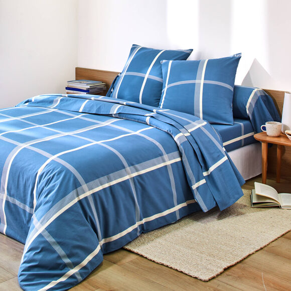 Bedlinnen C&eacute;sar, in katoen met ruitjesprint (blauw)