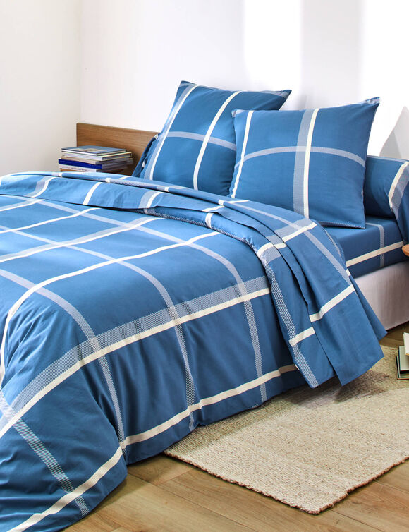 Bedlinnen C&eacute;sar, in katoen met ruitjesprint (blauw)