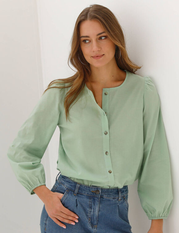 Chemisier uni col rond, manches longues blousantes (vert)