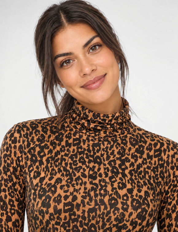 Sous-pull col roul&eacute; imprim&eacute; peau de b&ecirc;te, stretch (caramel / noir)