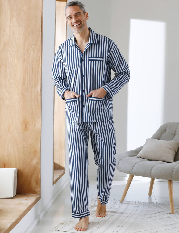 Gestreepte pyjama - katoenpopeline (marine / ecru)