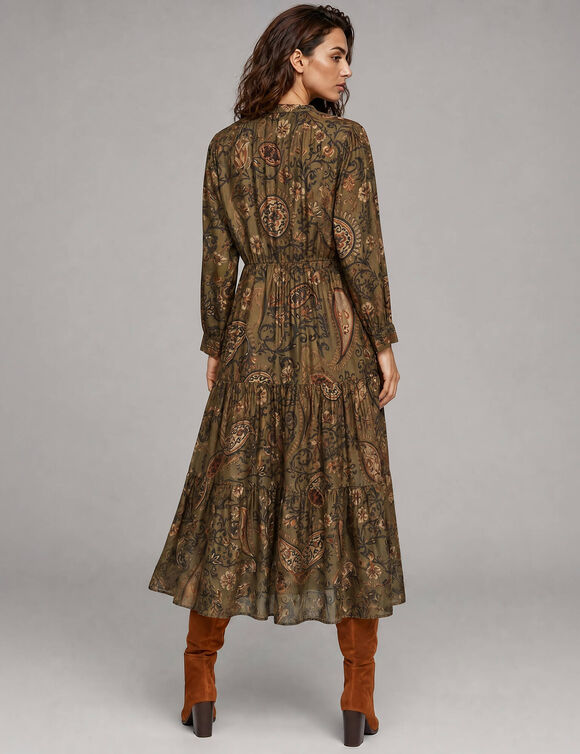 Robe longue taille &eacute;lastiqu&eacute;e, cr&ecirc;pe imprim&eacute; (kaki)