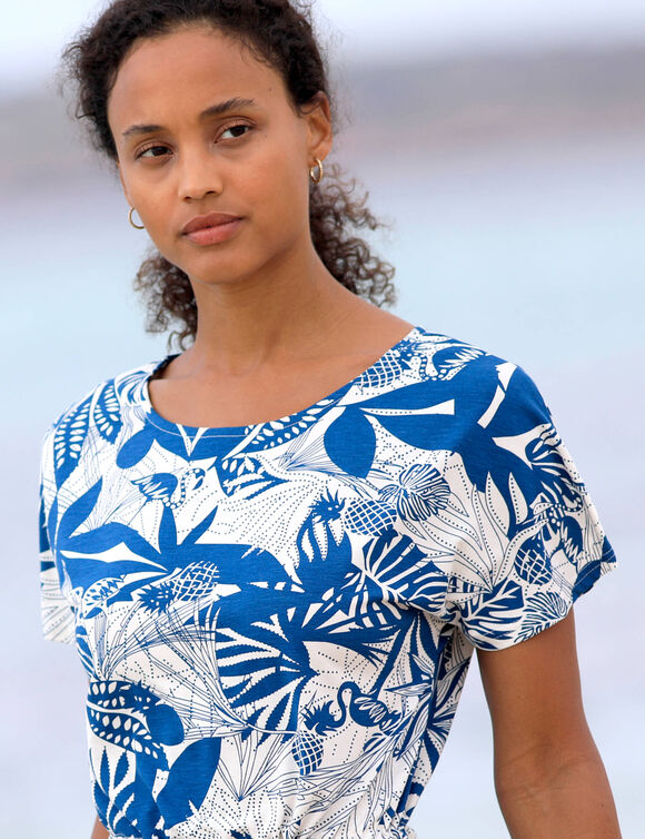 Robe courte imprimée manches courtes (écru / bleu)
