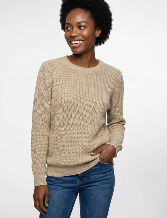 Pull col rond maille anglaise (beige chin&eacute;)