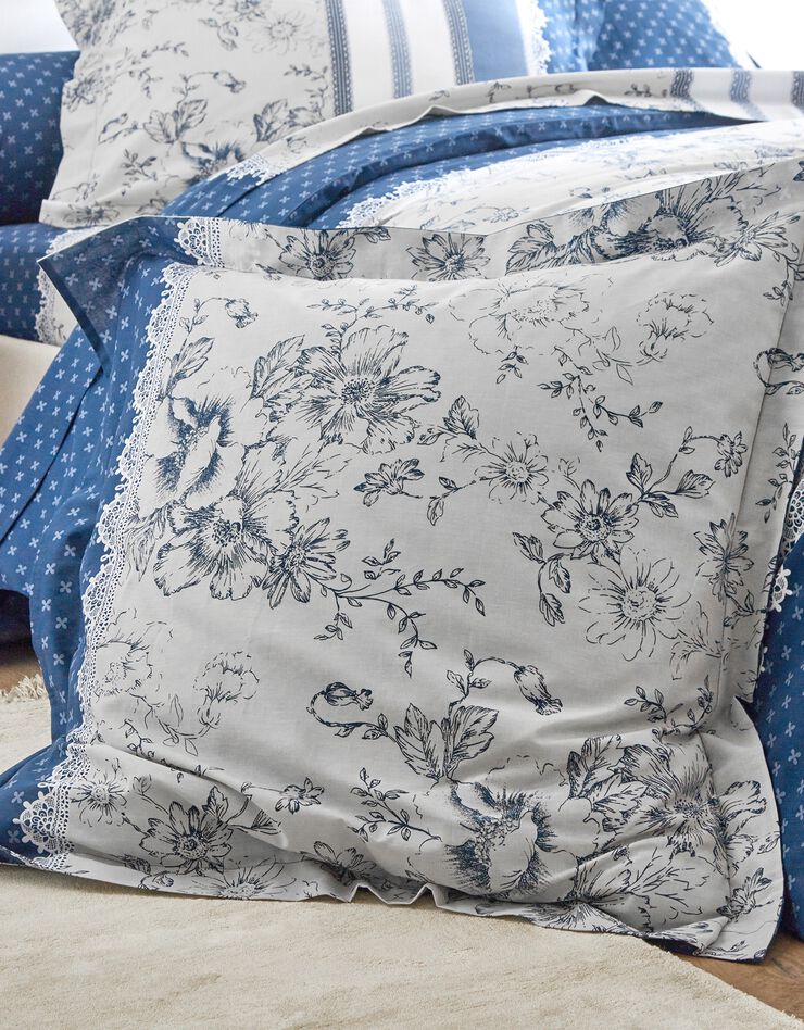 Linge de lit Gabrielle en coton imprimé pois, fleurs et dentelle (bleu marine)