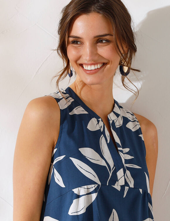 Robe courte imprim&eacute;e sans manches (bleu / &eacute;cru)