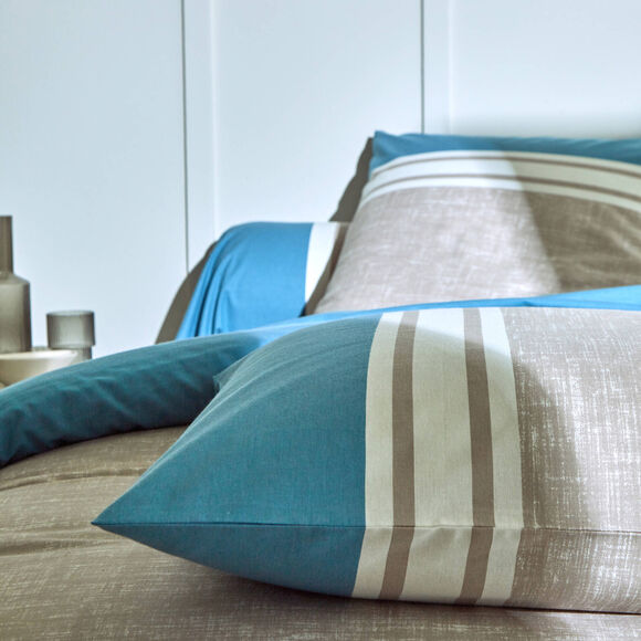 Linge de lit Nathalie coton (bleu grisé / beige)