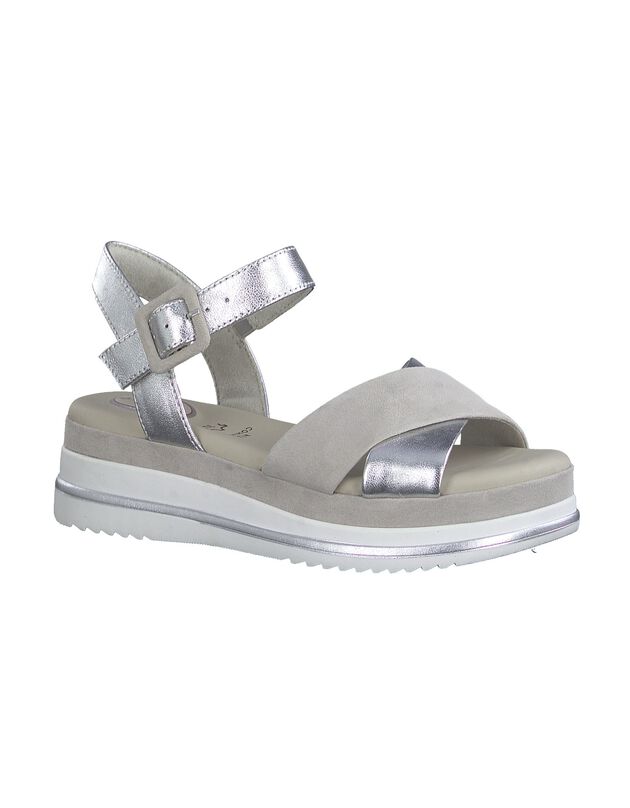Sandalen met glanzenden banen, sleehak (grijs / zilverkleurig)