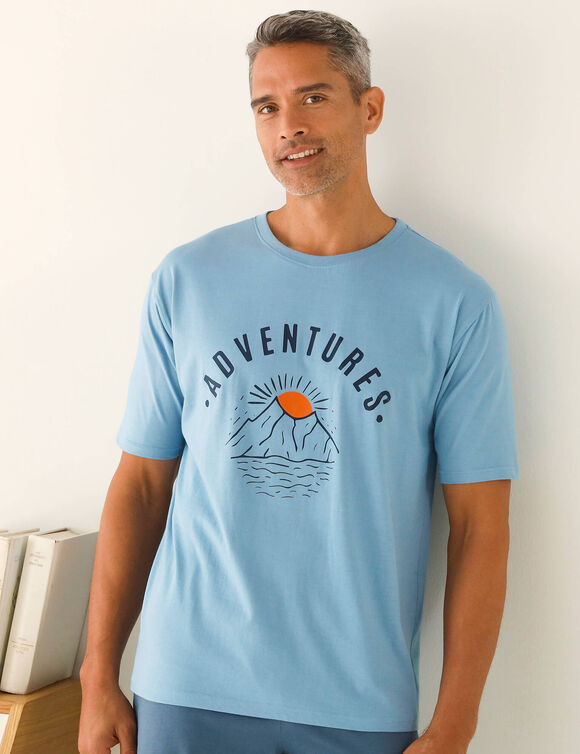 Pyjamashirt met geplaatste print en korte mouwen, katoen (blauw)