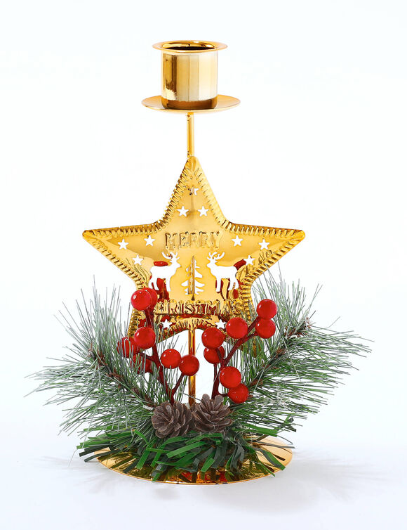 Stervormige kandelaar met dennentakken (groen/goudkleur)