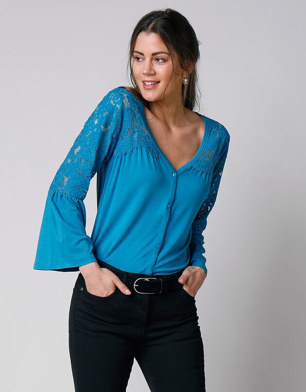 Tee-shirt boutonné manches 3/4 dentelle (bleu prusse)