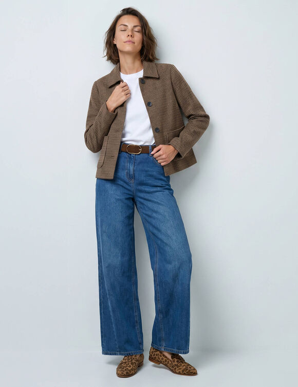 Veste boutonn&eacute;e style paletot, imprim&eacute; carreaux (marron)