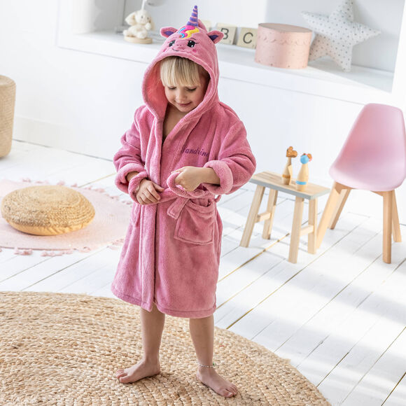 Peignoir de bain enfant à capuche licorne personnalisable microfibre (rose)
