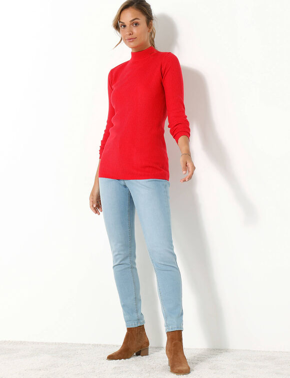 Pull col montant long, maille côtelée (rouge)