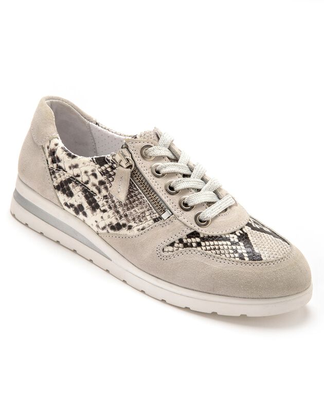 Leren sneakers met bovenwerk in 2 materialen - comfortbreedte (beige / zwart) Leren sneakers met bovenwerk in 2 materialen - comfortbreedte (beige / zwart)