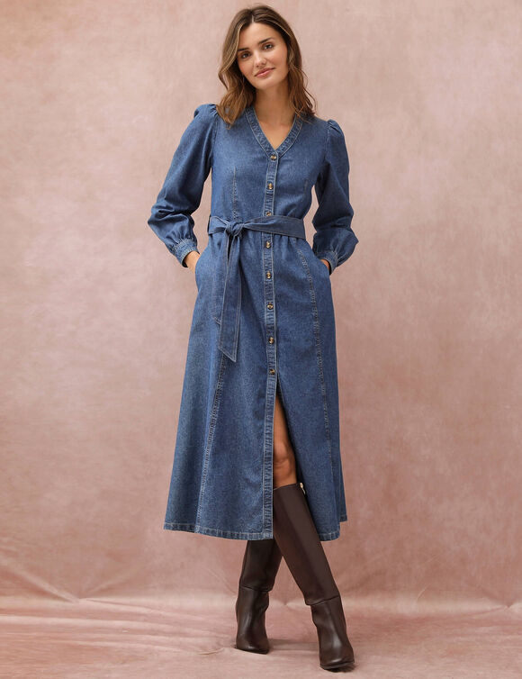 Robe longue boutonn&eacute;e ceintur&eacute;e, jean (stone)