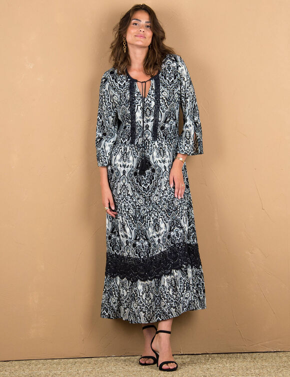 Robe longue imprimée manches 3/4 fendues, crépon (noir / écru)