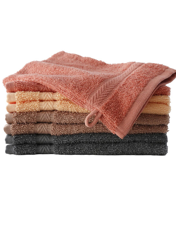 Gant de toilette coloris bois&eacute; coton 420 gr/m&sup2; - lot de 8 (ch&acirc;taigne + abricot + anthracite + tomette)