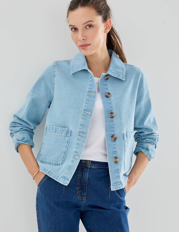 Veste en jean boutonn&eacute;e, style worker (bleached)