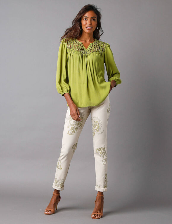 Blouse macramé manches 3/4 (vert mousse)