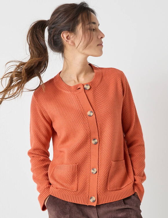 Gilet boutonné manches longues, maille fantaisie (orange foncé)