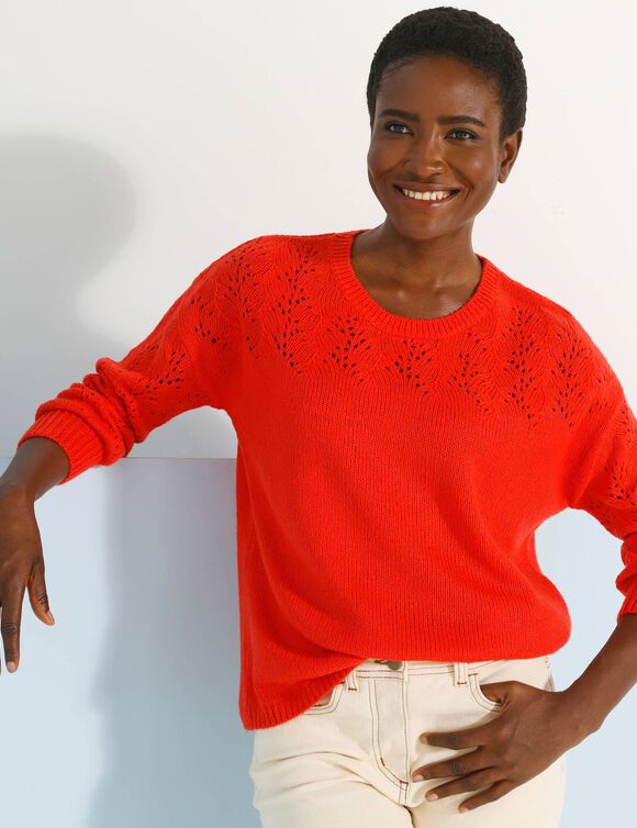 Pull manches blousantes, maille ajourée (orange)