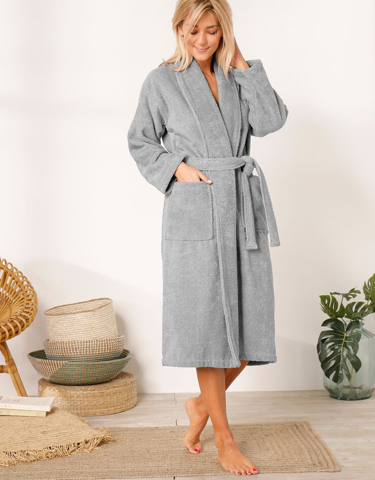Peignoir mixte adulte éponge bouclette col châle personnalisable (gris)