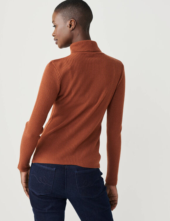 Pull col roul&eacute;, maille c&ocirc;tel&eacute;e (ch&acirc;taigne)